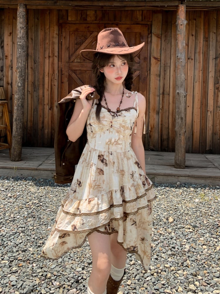 Vintage Butterfly Print Handkerchief Hem Apricot Tie Dye Spaghetti Strap Dress