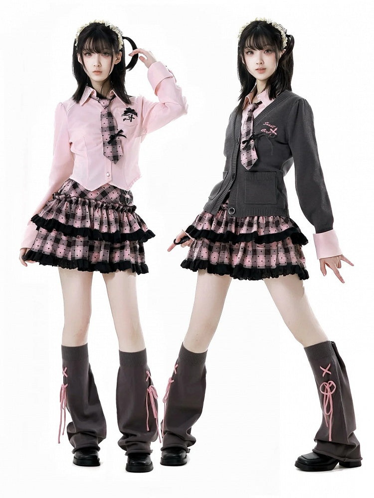 Contrast Pink Lace-up Detail Dark Gray 46CM Leg Warmers