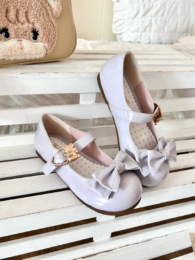 Purple Bow at Top Sweet Lolita Flats with Hugging Bear Heart Buckles