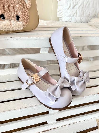 Purple Bow at Top Sweet Lolita Flats with Hugging Bear Heart Buckles