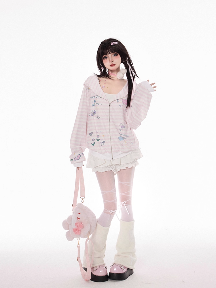 Pink Striped Pattern Y2K Print Zip Closure Hooded Jacket for Autumn
