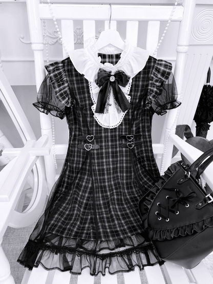 Jirai Kei Flutter Sleeves Heart Buckles Waist Black Plaid Dress with Mesh Overlay