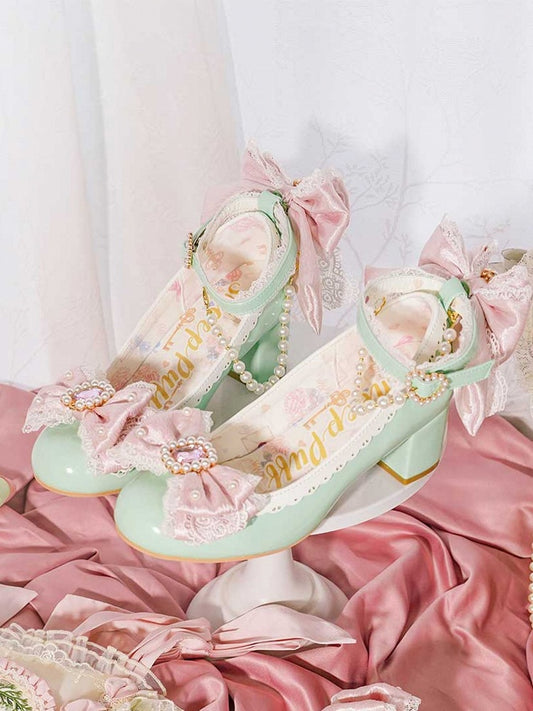 Green&Pink Beaded And Rhinestone Decorated Bow at Top Lace Trim Mary Janes With Detachable Beaded Chain