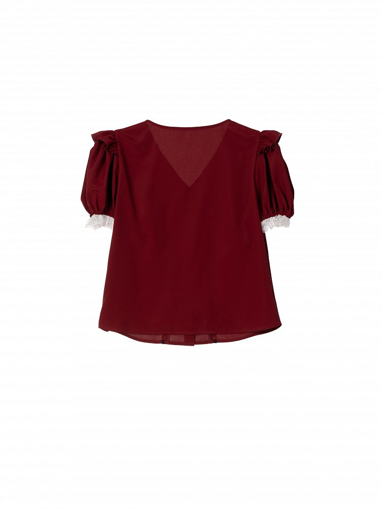 Dark Red Jirai Kei Puff Short Sleeves Blouse with White Separated Collar