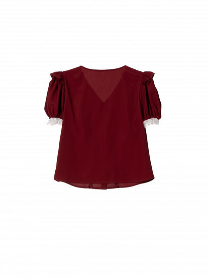 Dark Red Jirai Kei Puff Short Sleeves Blouse with White Separated Collar