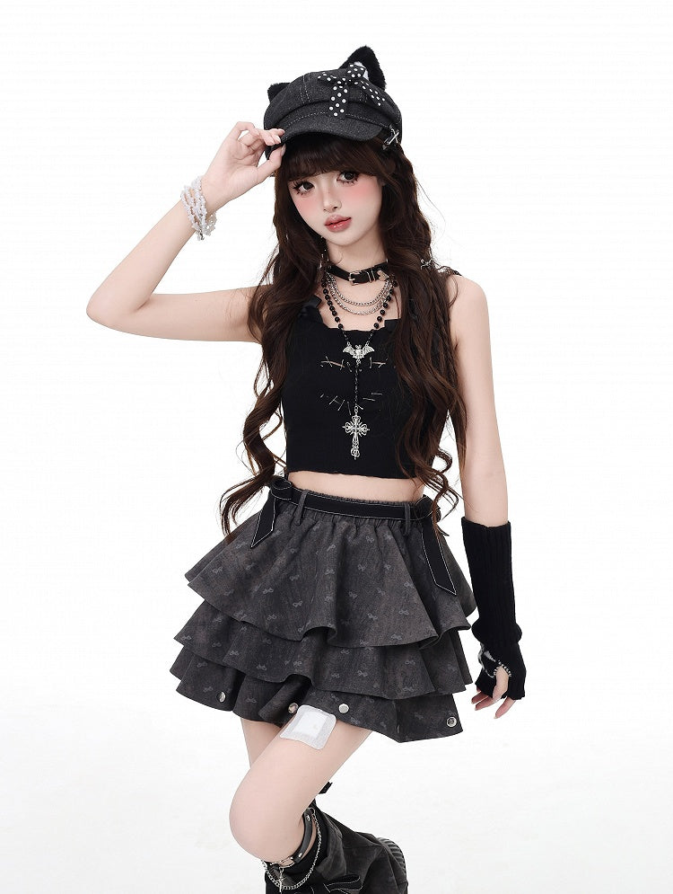 Dark Gray Bowknot Details Tiered Skirt with Free Flared Leg Warmers