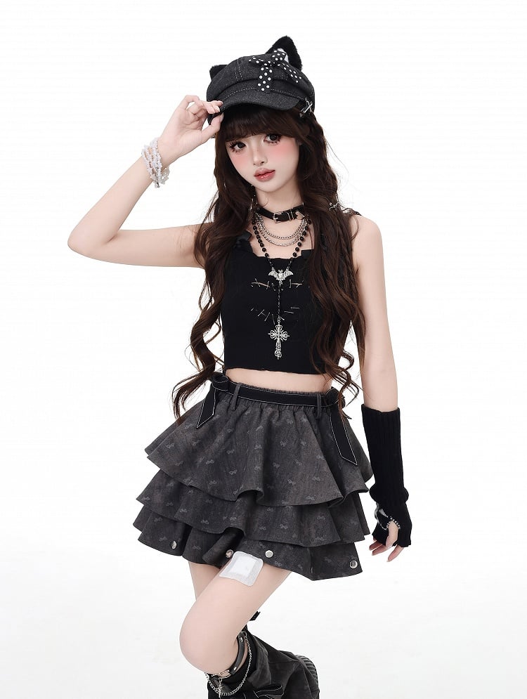 Dark Gray Bowknot Details Tiered Skirt with Free Flared Leg Warmers