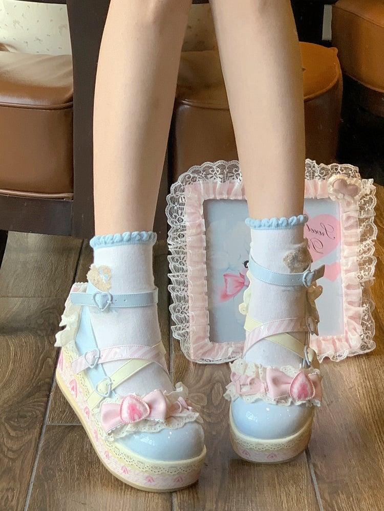 Sea Salt Strawberry Cake Blue Sweet Lolita Bow Accents Platforms Mary Jane Shoes