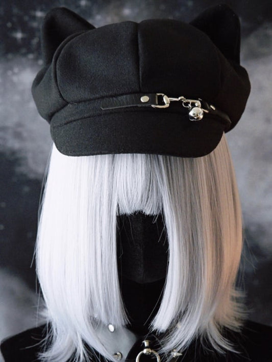 Black Gothic Bell Charm Buckle Design Cat Ear Beret Hat