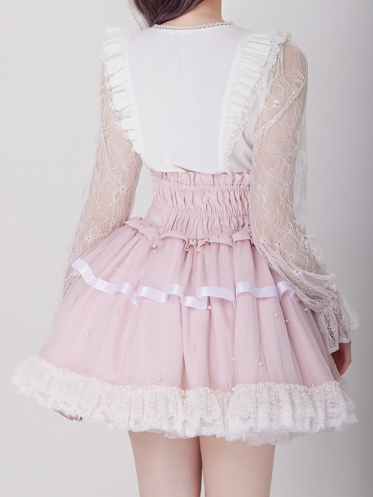 Allover Beads Pink High Waist Jirai Kei Skirt with Lace Up and Shirring Waist