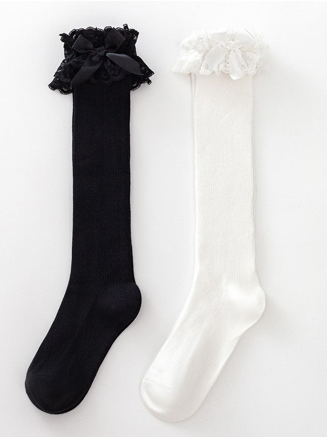 Black/White Lolita Lace Cuff Bowknot Details Calf Socks