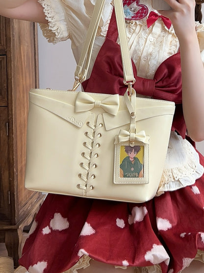 Light Yellow Bow Accents Lace-up Detail Ita Shoulder Bag with Free Charm