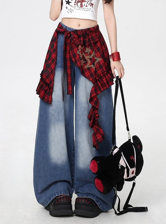Blue Low Rise Faded Wash Wide-leg Jeans with Red Plaid Waist Accessory