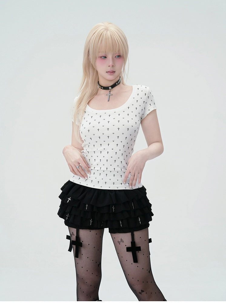 Pastel Gothic White Allover Cross and Cat Paw Print Cat Ears Detail at Back T-Shirt
