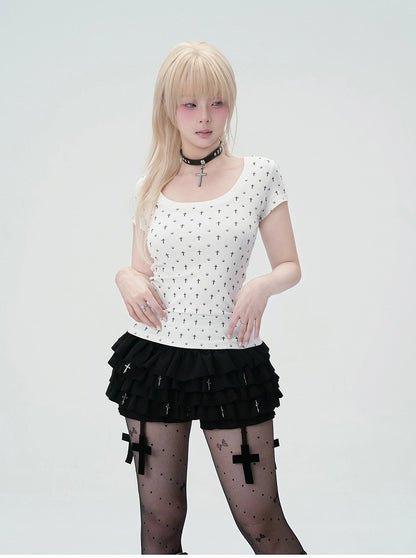Pastel Gothic White Allover Cross and Cat Paw Print Cat Ears Detail at Back T-Shirt