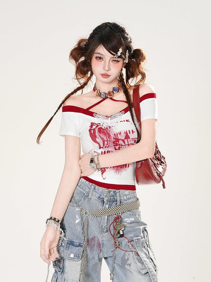Off-the-shoulder Neckline Butterfly Applique Red/White/Gray Halter Neck T-shirt