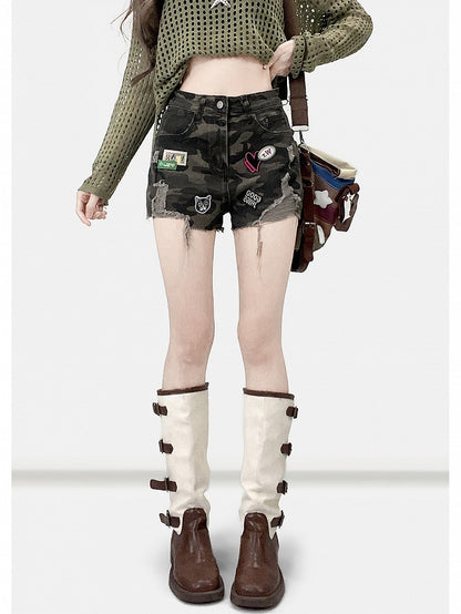 Army Green Y2K Camo Pattern Denim Shorts