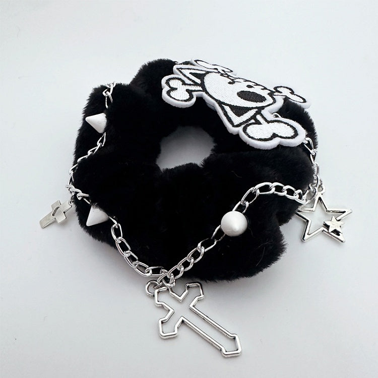 Black/White Skeleton Applique Gothic Plush Scrunchie