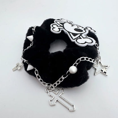 Black/White Skeleton Applique Gothic Plush Scrunchie