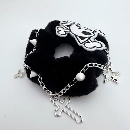 Black/White Skeleton Applique Gothic Plush Scrunchie