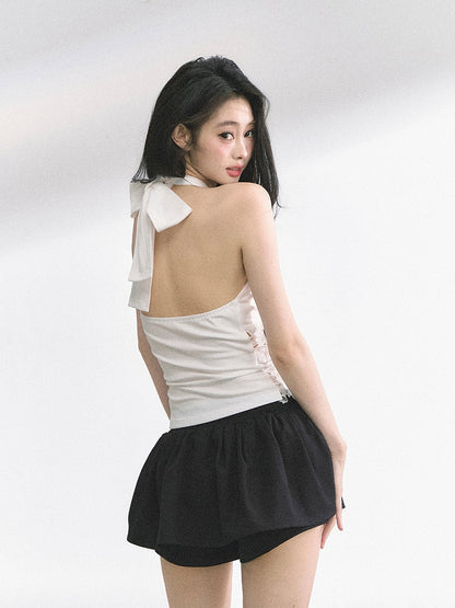 White Lace Patches Waist Self-tie Halter Neck Backless Top