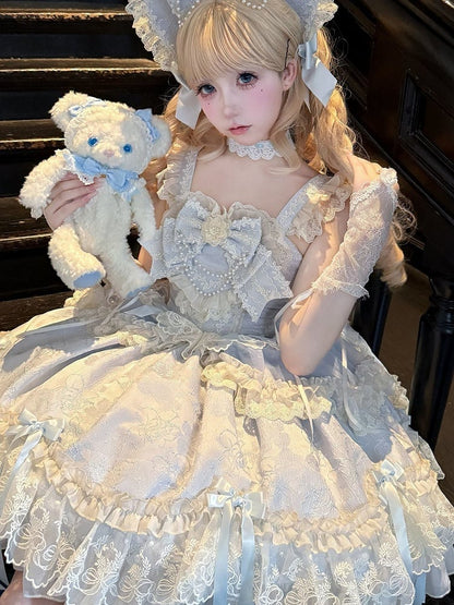 Blue Jacquard Fabric Sweet Bow Accents Dress Lolita Jumper Skirt