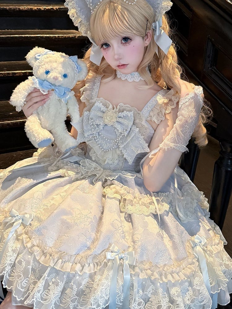 Blue Jacquard Fabric Sweet Bow Accents Dress Lolita Jumper Skirt