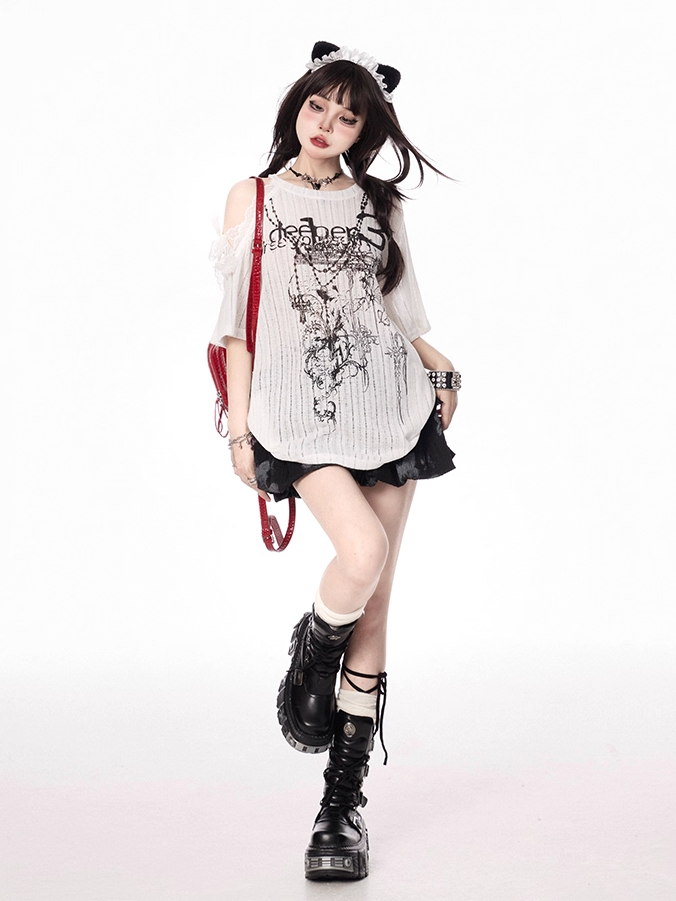 White Self-tie Lace Straps Cutout Shoulder T-shirt Loose Graphic Coverup