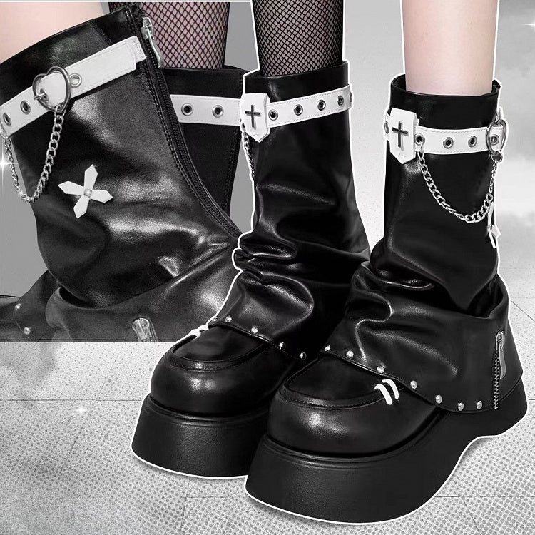Black Punk Cross Decorated Heart Buckle Studs Details Platform Boots