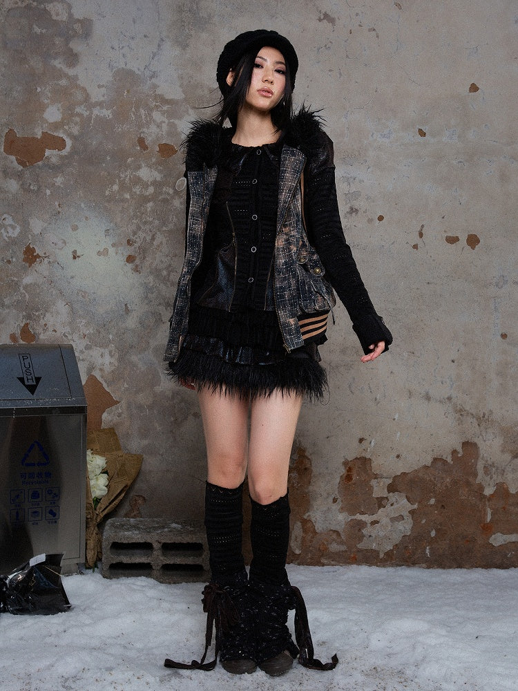 Black Punk Tiered Elastic Waist Skirt with Glossy Fabric & Faux Fur Trim