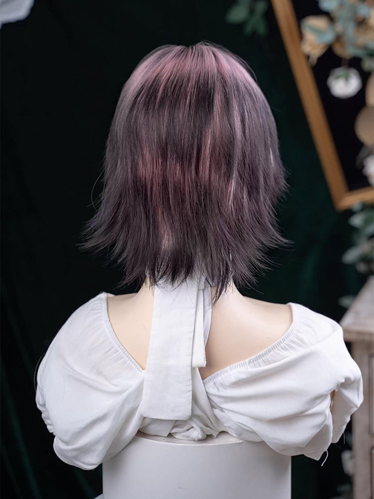 Black and Pink Highlight Hair Color 35CM Length Short Ouji Wig