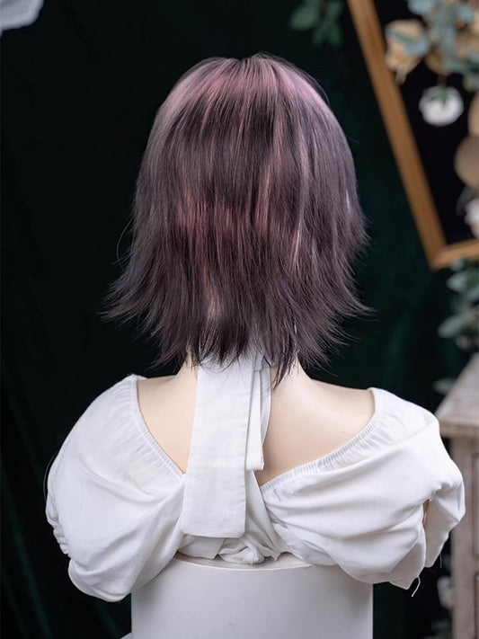 Black and Pink Highlight Hair Color 35CM Length Short Ouji Wig