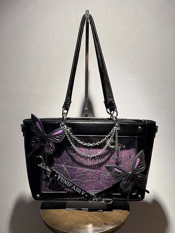 Purple Detachable Butterfly Spiderweb Detail Black Ita Shoulder Bag
