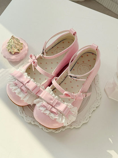 Pink Sweet Lolita Low-heel Mary Janes with Ruffled Lace Details & Bow Decor