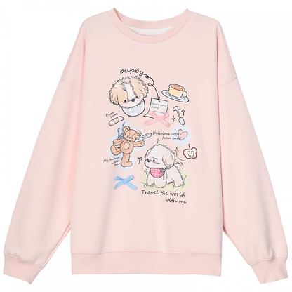 Adorable Cartoon Puppy Print Pink Round Neck Loose Sweatshirt