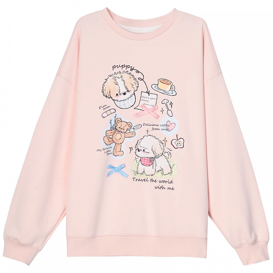 Adorable Cartoon Puppy Print Pink Round Neck Loose Sweatshirt