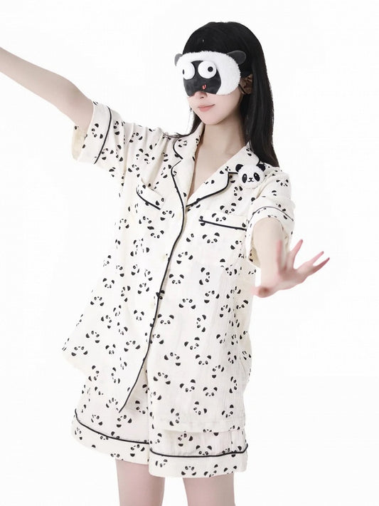 Beige Scalloped Edge Collar Allover Panda Print Shirt + Elastic Waist Shorts Pajamas Set