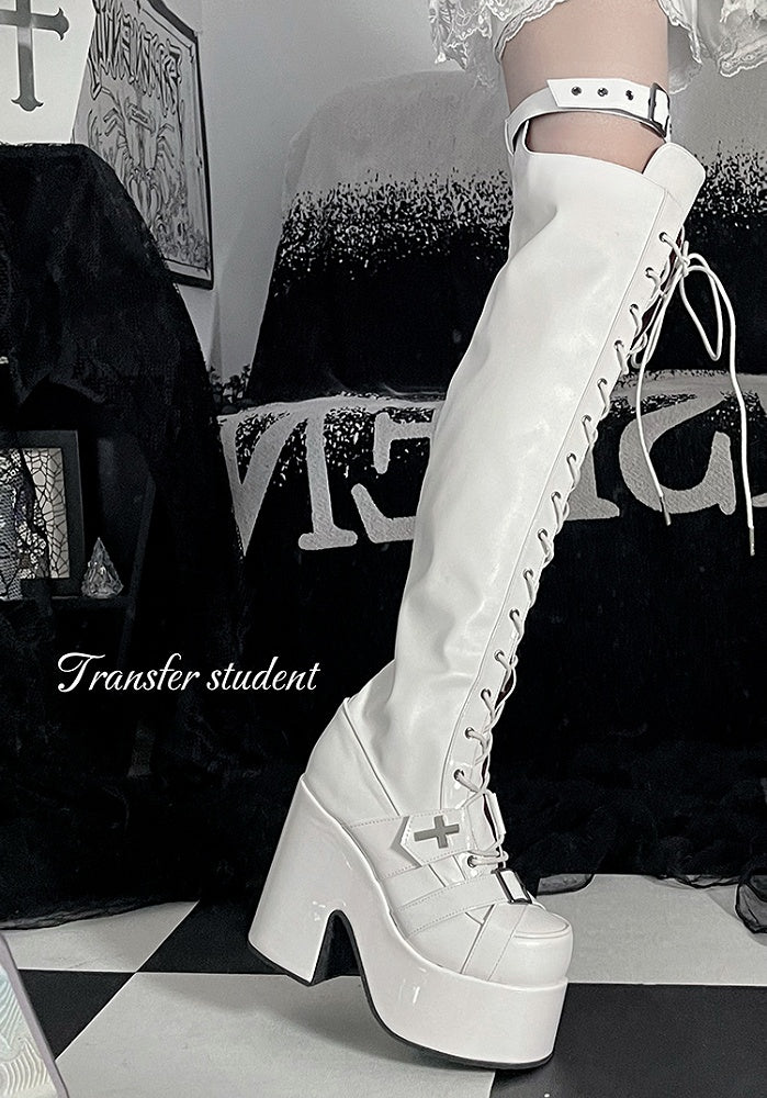 Matte White Front Lace-up Ties Buckle Straps 12CM Heel Platform Thigh-high Boots
