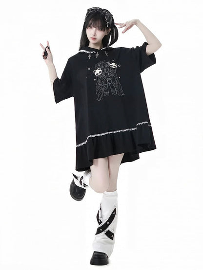 Black Cross Charms Contrast Lace Trim Bittersweet Girl Print Hooded Dress