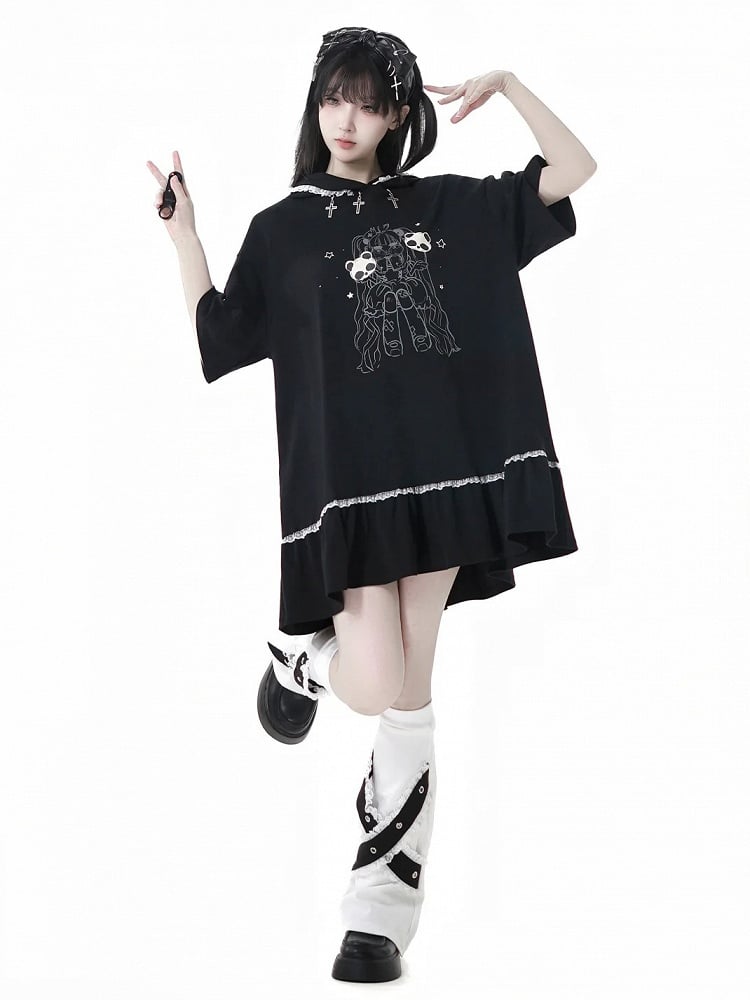 Black Cross Charms Contrast Lace Trim Bittersweet Girl Print Hooded Dress