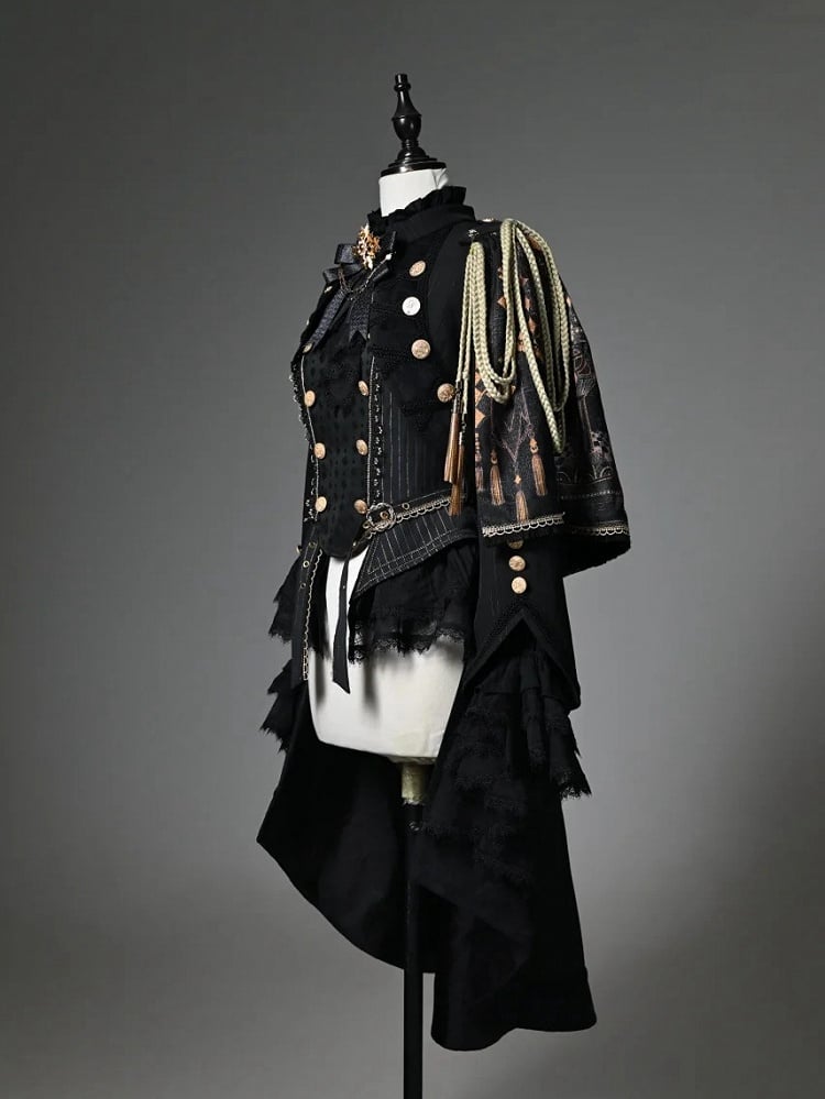 Ouji Fashion Lolita Knight Outfit - Black Long Sleeves Top + Black One-shoulder Cape Tailcoat