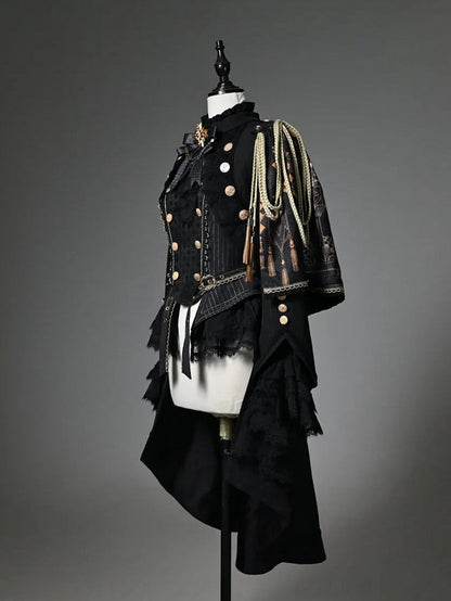 Ouji Fashion Lolita Knight Outfit - Black Long Sleeves Top + Black One-shoulder Cape Tailcoat