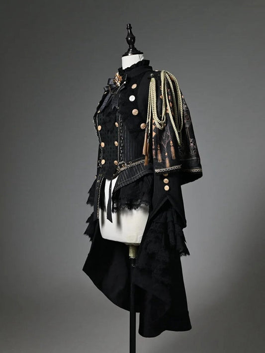 Ouji Fashion Lolita Knight Outfit - Black Long Sleeves Top + Black One-shoulder Cape Tailcoat