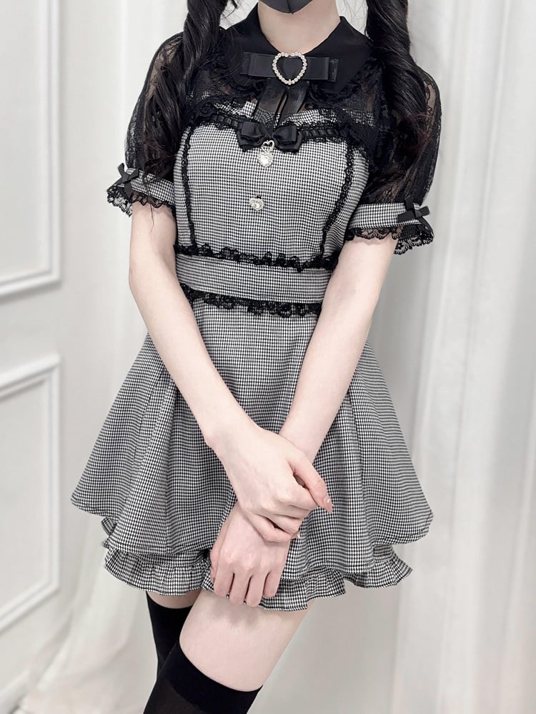 Black Houndstooth Jirai Kei Set -Shirt Collar Sweetheart Rhinestone Decoration Lace Shawl Top + Shorts + Bowtie