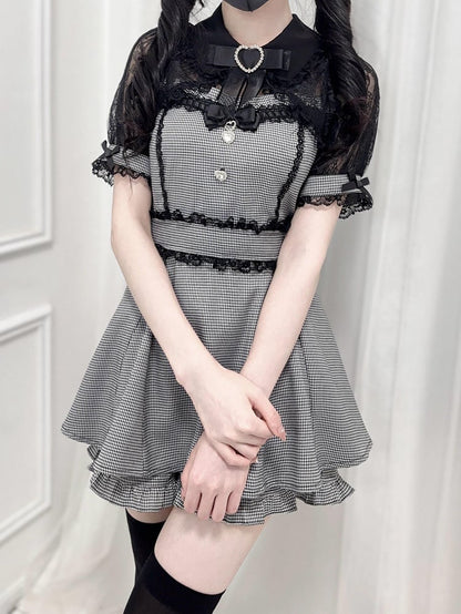 Black Houndstooth Jirai Kei Set -Shirt Collar Sweetheart Rhinestone Decoration Lace Shawl Top + Shorts + Bowtie