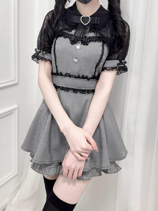 Black Houndstooth Jirai Kei Set -Shirt Collar Sweetheart Rhinestone Decoration Lace Shawl Top + Shorts + Bowtie