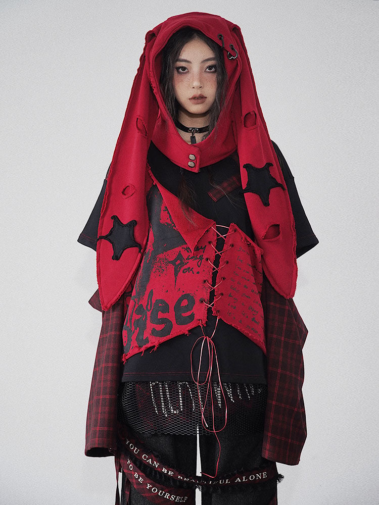 Letters Print Red and Black Punk Sweat Shirt Lace-up Detail