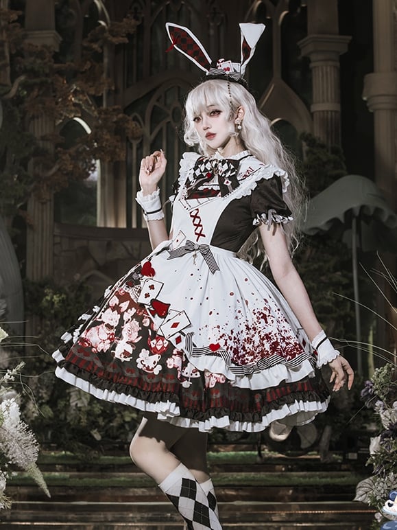 Alice in Wonderland Vibes Black and Red Bunny and Teapot Print Apron Dress Sweet Lolita OP / Full Set
