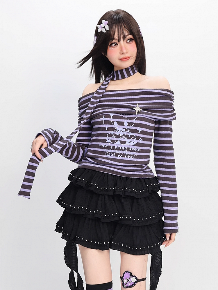 Y2K Off-the-shoulder Neckline Purple and Gray Striped Top with Free Scarf