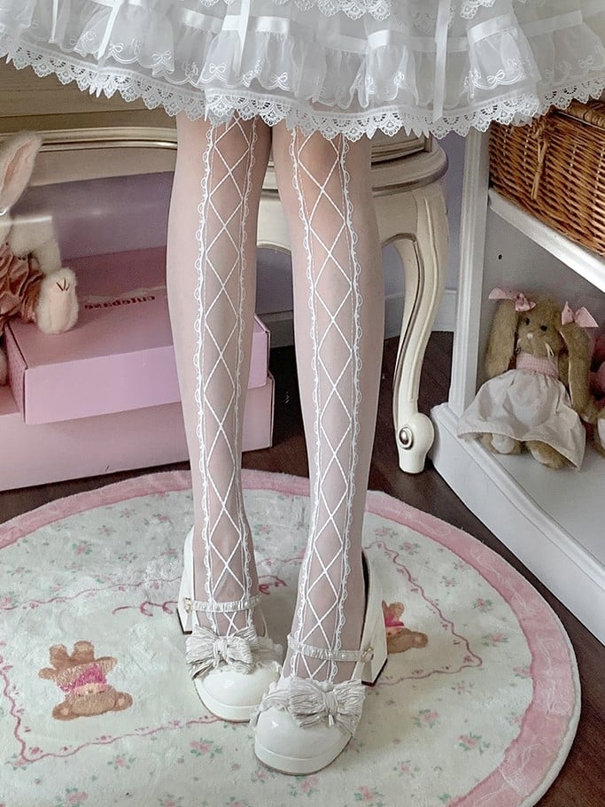 White Crisscorss Banded Print Sweet Lolita Tights